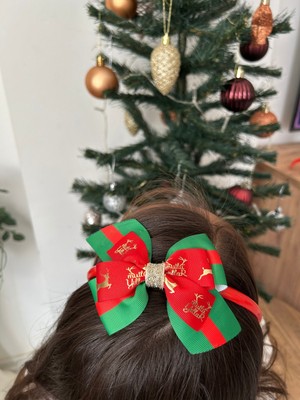 MELOKİDS Kırmızı Yeşil Desenli Özel Tasarım Kurdele Yılbaşı Saç Tokası Taç
