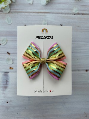 MELOKİDS Altın Baskılı Gökkuşağı Desenli Kurdele Kız Çocuk Saç Tokası