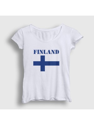 Presmono Kadın Beyaz Bayrak Finland Finlandiya T-Shirt