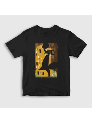 Presmono Unisex Çocuk Siyah Cat Kiss Kedi Kedili Hediye Gustav Klimt T-Shirt