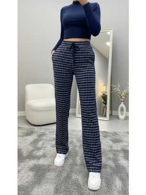 Miyalon Kadın Bağcıklı Penye Kumaş Ekoseli Rahat Eşofman Altı