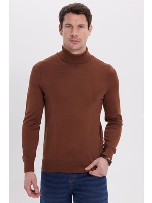 Tudors Slim Fit Tam Boğazlı Yaka Düz Yün Kahverengi Erkek Triko Kazak
