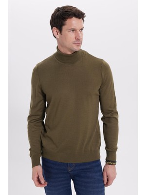 Tudors Erkek Slim Fit Tam Boğazlı Yaka Düz Yün Haki Triko Kazak