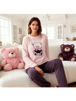Pudra Pembe & Mürdüm Renk Ayıcıklı Welsoft Peluş Yumuşak Kışlık Bayan Pijama Takım