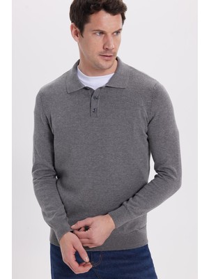 Tudors Erkek Standart Fit Normal Kesim Pamuklu Polo Yaka Gri Kazak