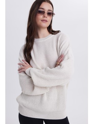 Tudors Kadın Oversize Geniş Kesim Örme Detaylı Bisiklet Yaka Ekru Kazak