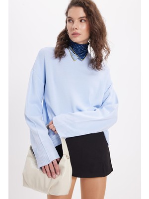 Tudors Kadın Oversize Geniş Kesim Bisiklet Yaka mavi Kazak