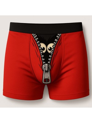 Erkek Pamuklu Baskılı Boxer Fermuar Desenli Kırmızı