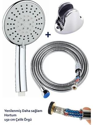 Suvia 5 Fonksiyonlu Büyük Boy Krom Duş Başlığı | 150 cm Örgülü Hortumlu Mafsallı Duş Seti
