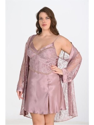 Red Womans Büyük Beden 2li Vizon Sabahlık Takımı Bigsize 6205