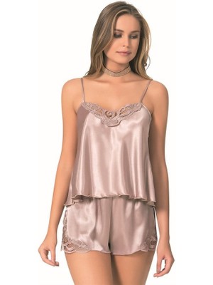 Red Womans Vizon Saten Babydoll Şort Takımı