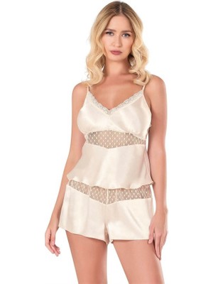 Red Womans Fildişi Saten Babydoll Şort Takımı