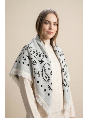 Kadın Desenli Triko Şal Gri-Siyah