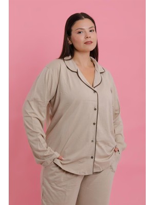 Celira Kadın Büyük Beden Bej Düğmeli Pijama Takımı