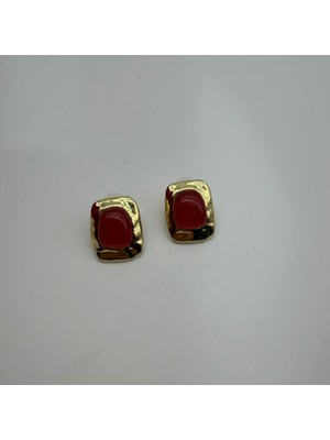 Mare Accessories Kırmızı Taş Detaylı Dokulu Gold Küpe
