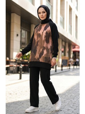 Baskılı Piliseli Tunik Pantolon Ikili Takım 2215-02 Siyah Haki