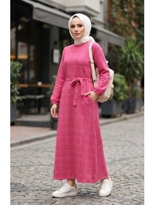 Çizgili Kuşaklı Kolu Lastikli Kışlık Elbise 2505-03 Pembe