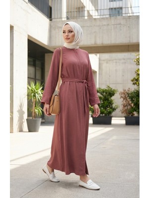 Aerobin Kumaş Kuşaklı Ferace 4043-01 Gül Kurusu