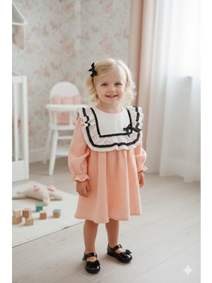 Kidello Pudra Müslin Kumaş Pamuk Uzun Kollu Yakalı Kız Bebek Elbisesi | Günlük & Özel Gün