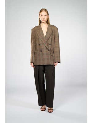 Thalure Kadın Kahverengi Ekoseli Oversize Blazer