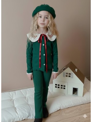 Miniko Kids Kız Çocuk Yaka Dantelli Fitilli Kaşkorse Bayramlık Taytlı Takım