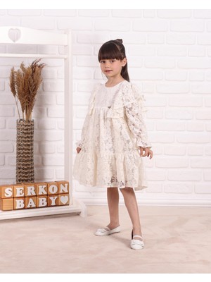 Kidello Bej Dantel Uzun Kollu Kız Çocuk Mevlüt Elbisesi | Fırfırlı Yaka, Pamuk Astarlı Özel Gün Elbisesi