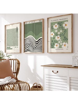 Pam Studio Yayoi Kusama Bauhaus Flower Market Yeşil Tonlarda 3’lü Poster Seti – Modern Duvar Dekoru