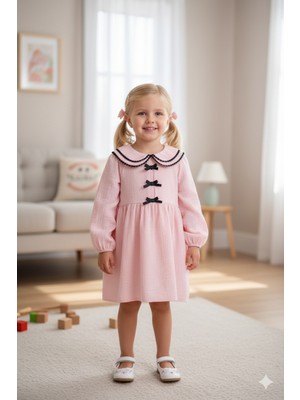 Kidello Pembe Çift Yakalı Müslin Uzun Kollu Kız Çocuk Elbisesi | Fiyonklu Pamuklu ve Şık Tasarım