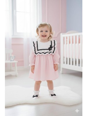 Kidello Pembe Müslin Kumaş Pamuk Uzun Kollu Yakalı Kız Bebek Elbisesi | Günlük & Özel Gün