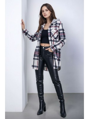 Mamayaga Kadın Desen Bloklu Oduncu Oversize Geniş Kalıp Casual Cepli Kapüşonlu Uzun Boy Ceket Gömlek