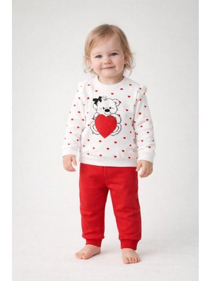Dinamik çocuk Kız Bebek Kalpli Ayıcık Baskılı 2'li Takım Alt Üst – Uzun Kollu Sweatshirt & Eşofman Altı 3-6-9-12AYLIK