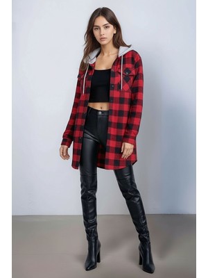 Mamayaga Kadın Desen Bloklu Oduncu Oversize Geniş Kalıp Casual Cepli Kapüşonlu Uzun Boy Ceket Gömlek