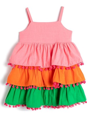 Hype Store Parti Elbisesi Renk Bloklu Katlı Askılı Ponpon Detaylı Pamuklu