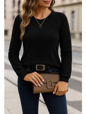 Stelol Kadın Uzun Kollu Bisiklet Yaka Geometrik Desenli Triko Bluz