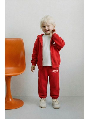 Magu Unisex Çocuk Pamuklu Kırmızı Fermuarlı Eşofman Takım