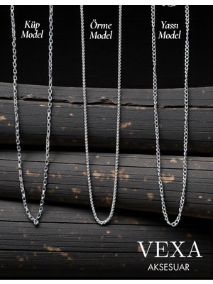 Vexa Aksesuar 3’lü Zincir Kolye Seti – Küp, Örme ve Yassı Model – Unisex, Özel Kutulu Hediyelik Set