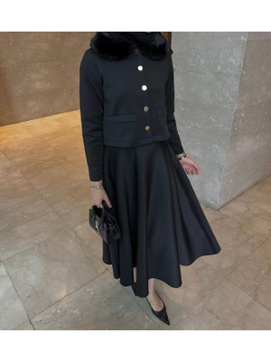 Molly Nelly Kadın Yaka Kürk Detaylı Skuba Etekli Takım