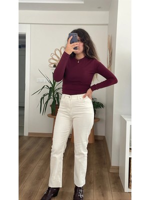 Nihanello Butik Boru Model Paçaları Kesik Ekru Jean