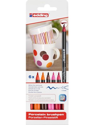 Hype Store 4200 Porselen Fırça Kalemi - 3 x Kırmızı, Turuncu, Kahverengi, Pembe - 6 Kalem - Fırça Ucu 1-4 mm -