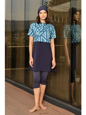 Haliç Mayo Spor Likra Kısa Kollu Yarı Kapalı Mayo 3417 Lacivert Turkuaz