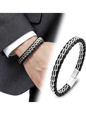 Fm Çift Zincir Çelik Ve Deri Bileklik 31834B2D2