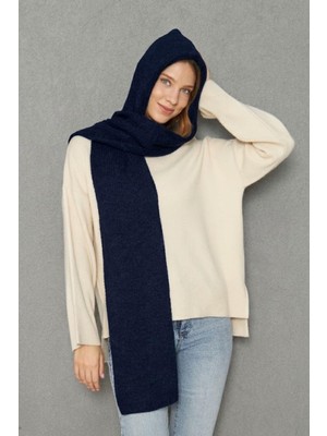 Irmak Kerekli Kadın Yumuşak Dokulu Kapşonlu Atkı Selanik Örgü Kapşonlu Şal 13038 Lacivert
