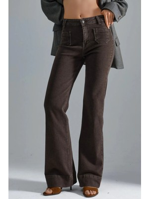 Hiccup Kadın Squalo Yüksek Bel Paça Genişleyen Kot Pantolon Kahve Kahvesi