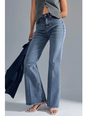 Hiccup Kadın Squalo Yüksek Bel Paça Genişleyen Kot Pantolon Orta Mavi Denim