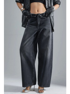 Hiccup Kadın Squalo Düşük Bel Geniş Paça Kot Pantolon Koyu Gri