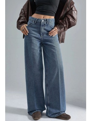 Hiccup Kadın Squalo Yüksek Bel Geniş Paçalı Kot Pantolon Orta Mavi Denim
