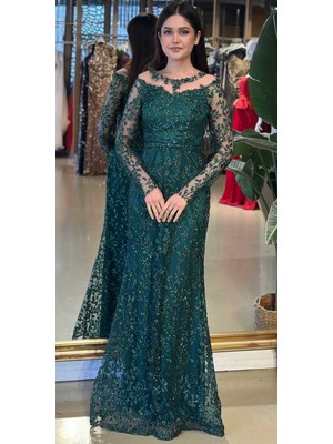 Abiyeniall Koyu Yeşil Yuvarlak Yaka Uzun Kollu Düz Kesim Simli Uzun Abiye Elbise 11030-03