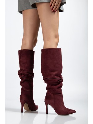Zerenyus ZRİN-C-2003 Premium Bordo Süet Körüklü Ince Topuklu Günlük Kadın Çizme