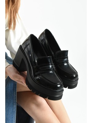 Dabab Shoes Loftia  Kadın Siyah Rugan Chunky Yüksek Taban 9 cm Kalın Topuklu Loafer Ayakkabı