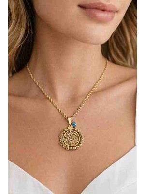 Çelik Gold Renk Burgu Zincir Dorika Yaşam Ağacı Figür Nazar Boncuk Detay Kadın Kolye